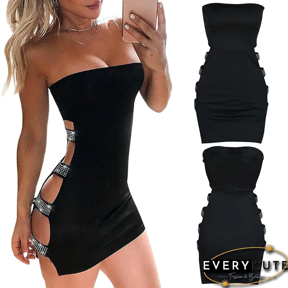 Women&rsquo;s Sexy Bodycon Pencil Dress Rhinestone Hollow Out Off Shoulder Solid Color Skinny Mini Short Dress Party Nightclub Wear