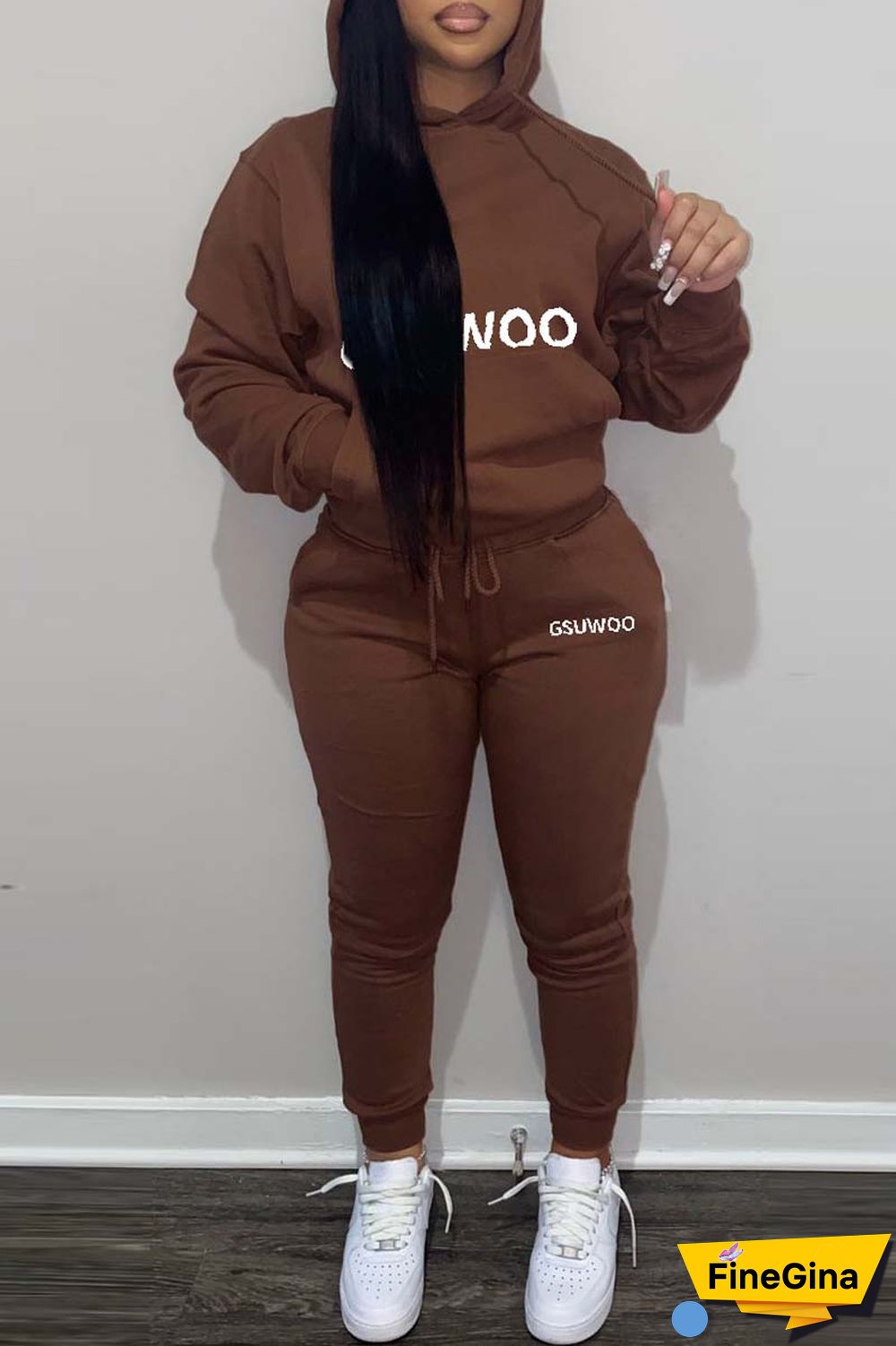 Khaki Casual Letter Print Basic Hooded Collar Long Sleeve Two Pieces