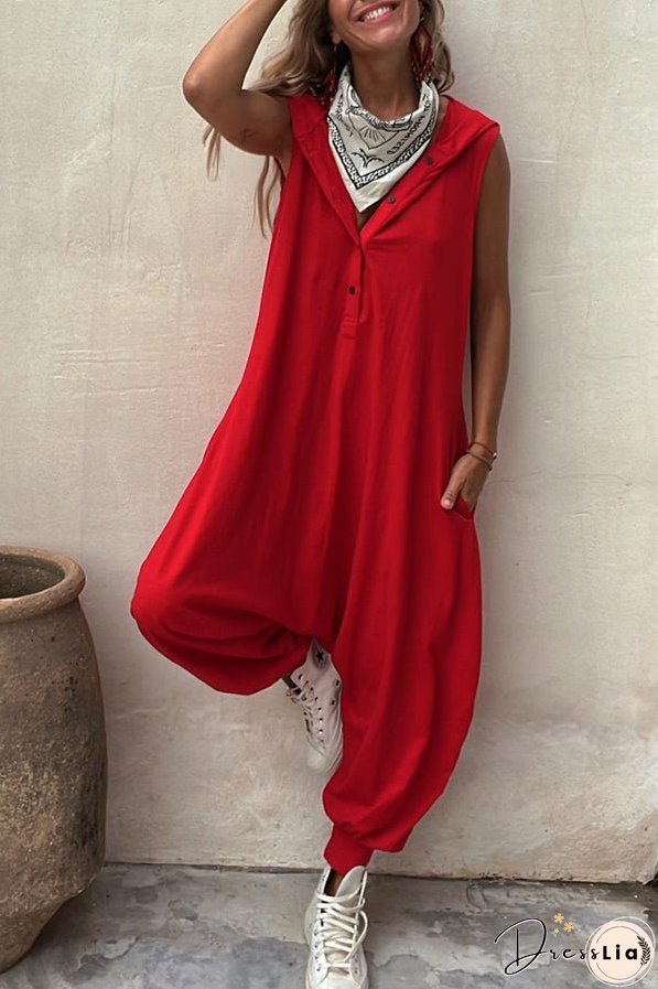 Let's Chill Pocketed Half Button Hooded Loose Jumpsuit