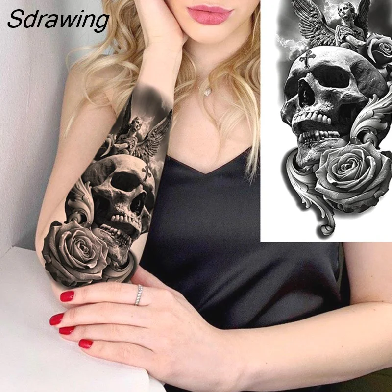 Sdrawing Warrior Punk Skeleton Gangster Rose Flower Temporary Tattoos For Women Men Lion Tiger Skull Rose Fake Tattoo Sexy Arm