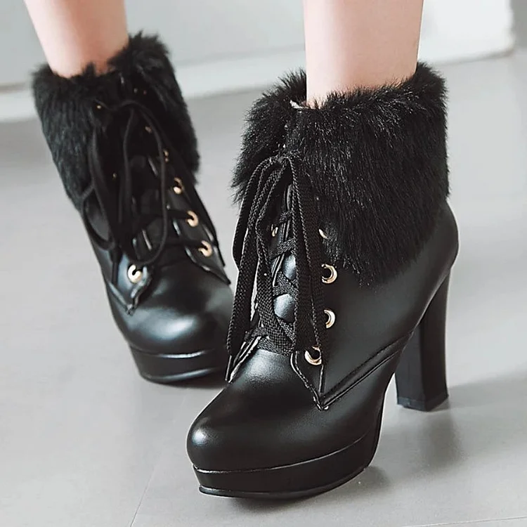 Fluffy Lace-up High Heel Boots