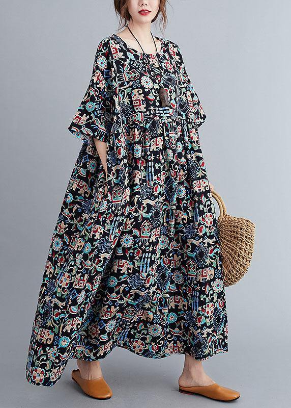 VCSHOES Black Print Loose O-Neck Summer Half Sleeve Dresses