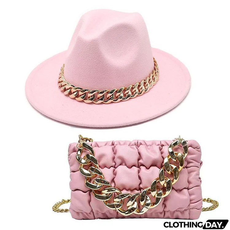 Fashion Gold Acrylic Chain Messenger Bag With Jazz Hat Two-Piece Set