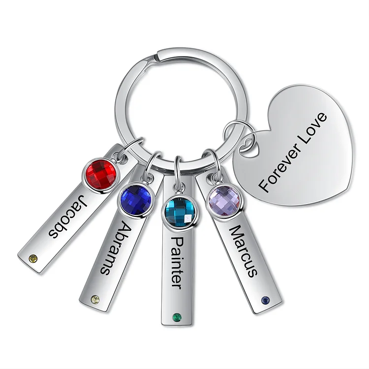 Personalized Heart Keychain with Birthstones Engraved 4 Names Family Keychain