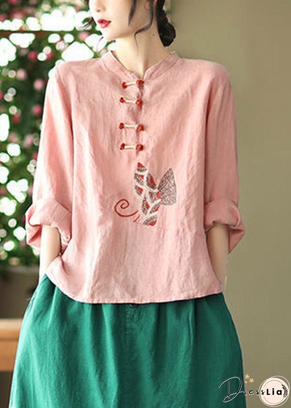 Plus Size Pink O-Neck Embroideried Linen Top Long Sleeve