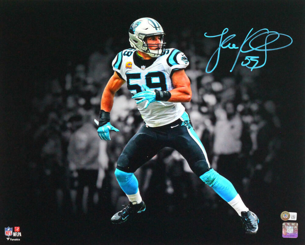 Luke Kuechly Autographed Panthers B&W Spotlight 16x20 FP Photo Poster painting- Beckett W *Teal