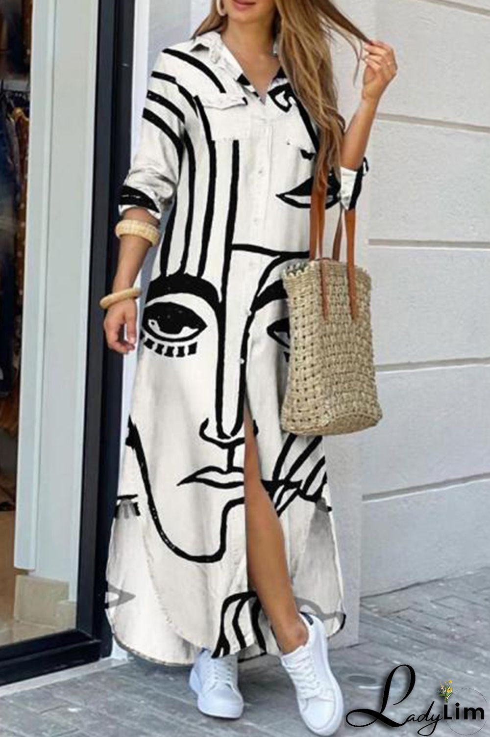 Cream White Fashion Casual Print Slit Turndown Collar Shirt Dress