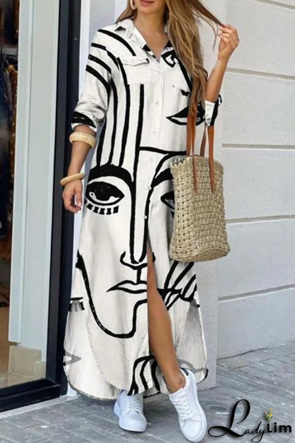 Cream White Fashion Casual Print Slit Turndown Collar Shirt Dress