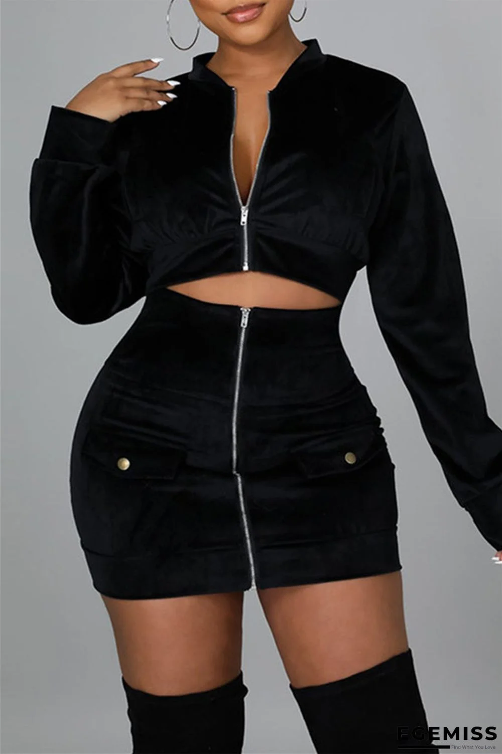 Black Fashion Sexy Solid Patchwork Zipper Collar Long Sleeve Two Pieces | EGEMISS