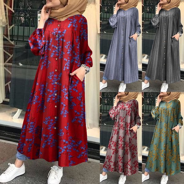 Women Islamic Jilbab Muslim Abaya Dubai Maxi Dress Autumn Casual Kaftan Floral Printed Long Shirt Dress