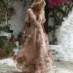 Women's Retro Pink Rose Embroidered Art Short Sleeve Midi Dress - Image 2