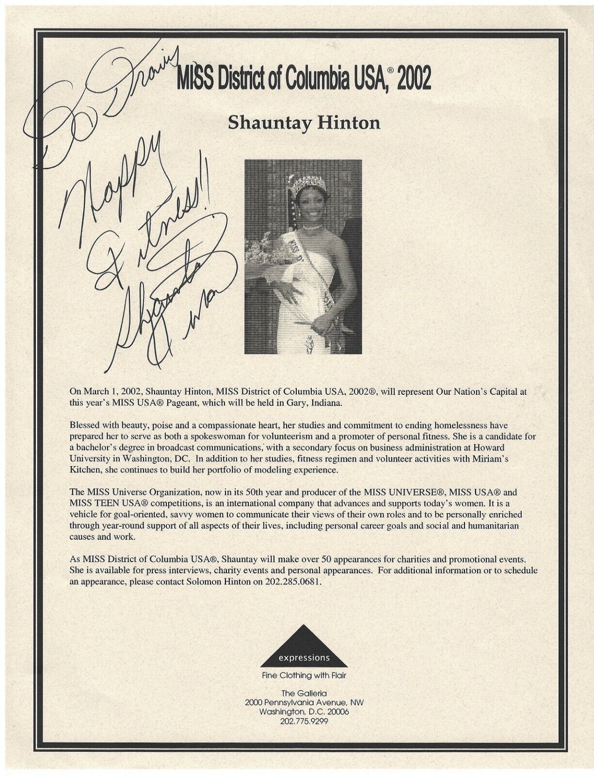 SHAUNTAY HINTON MISS USA 2002 & MISS DC 2002 RARE SIGNED AUTOGRAPH