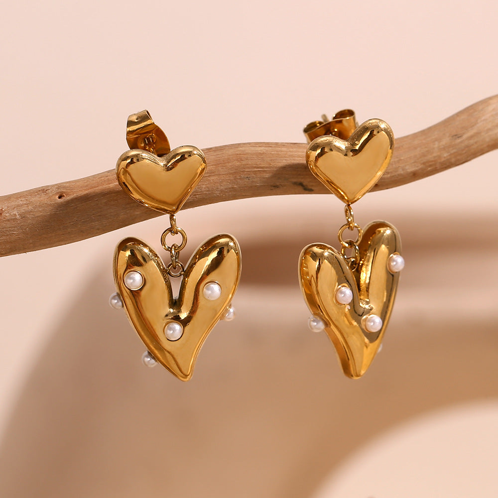 French Design Earrings Stainless Steel 18K Gold Plated Irregular Heart Stitching Pearl Earrings For Women