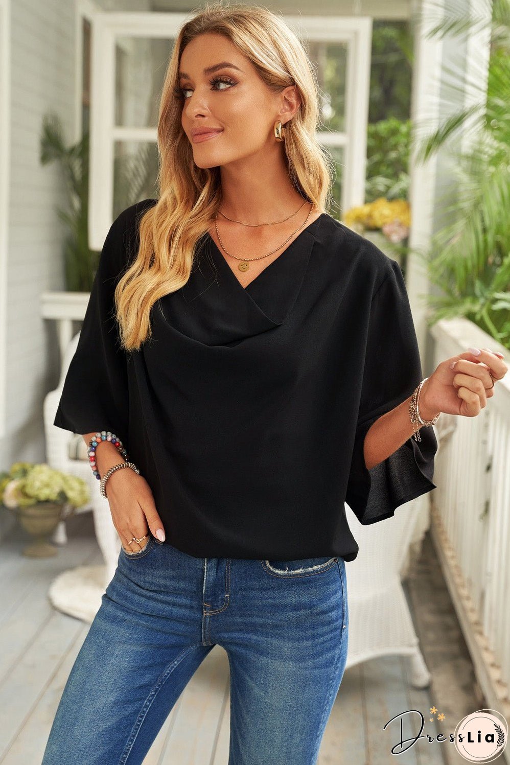 Cowl Neck Three-Quarter Sleeve Blouse
