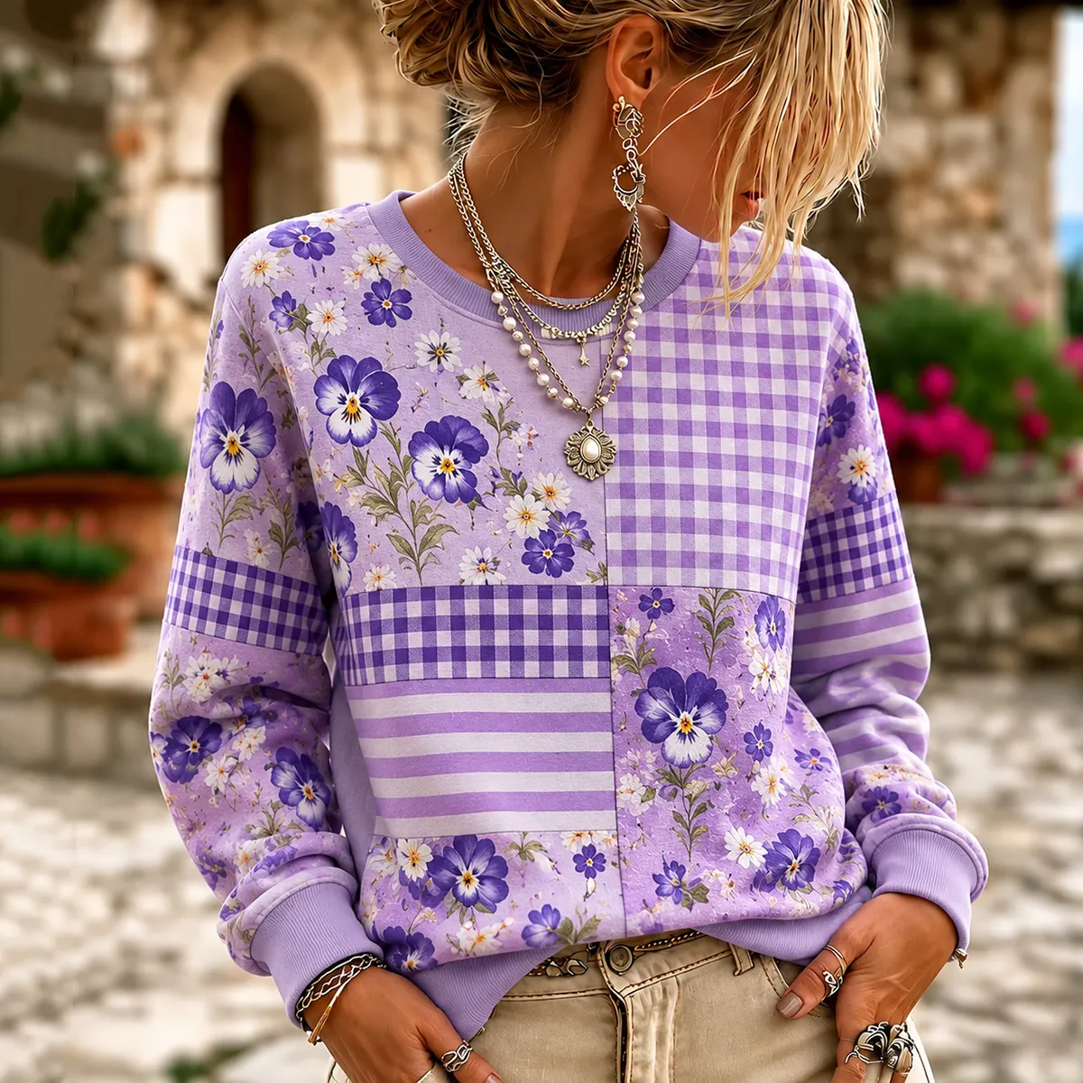 Comstylish Women's Retro Floral And Plaid Patchwork Art Print Crew Neck Sweatshirt