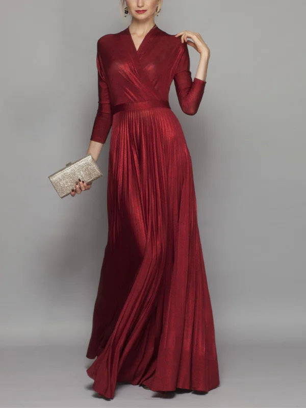 V-Neck Long-Sleeved Solid Color Maxi Dress