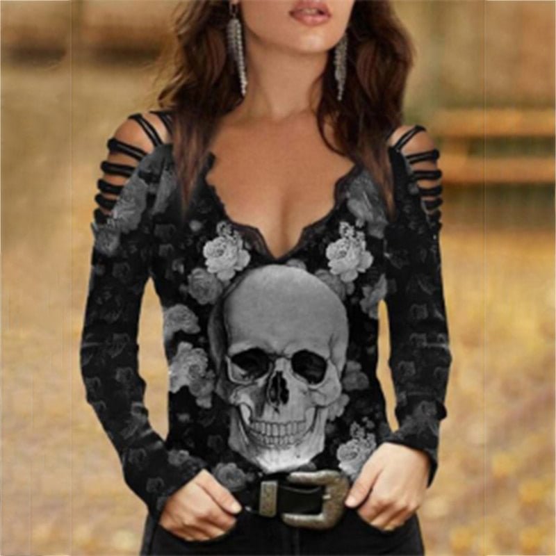 Umeko Rose Skulls Print T-shirt Gothic Women Long Sleeve Tops V-Neck Hollow Out Shoulder Strap Top Spring Sweats Tees Streetwear