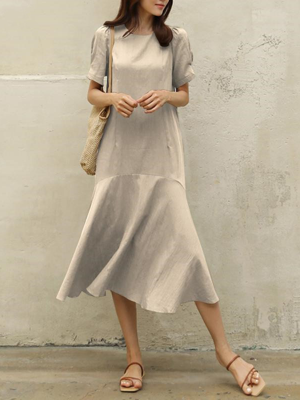 Women's Solid Cotton Linen Dress Crew Neck Short Sleeve Summer Midi Dress