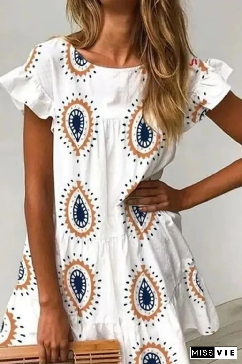 Print Split Joint O Neck Mini Dresses