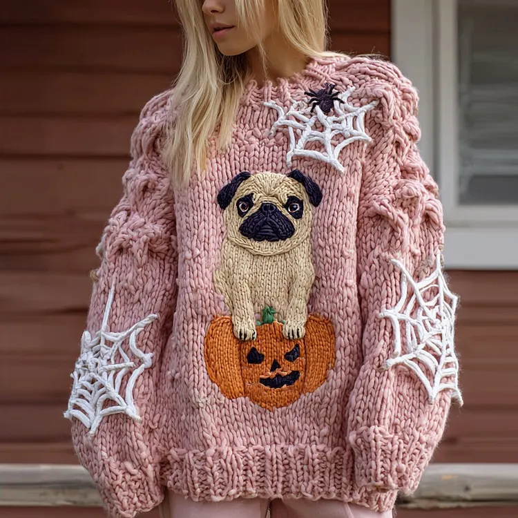 Halloween Cute Pug Pumpkin Graphic Chunky Knit Cozy Fuzzy Sweater