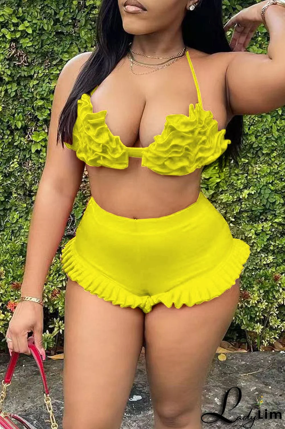 Pink Sexy Solid Split Joint Halter Sleeveless Two Pieces