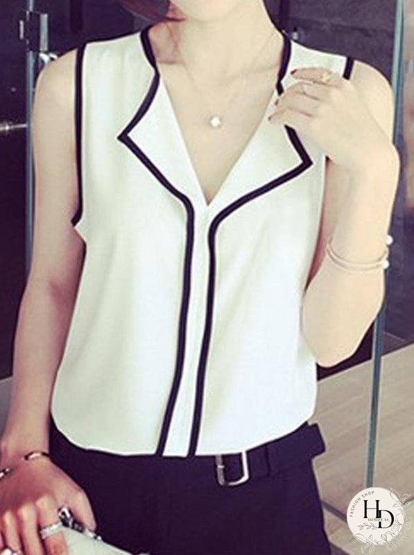 Contrast Color V-neck Sleeveless Chiffon Vest for Women