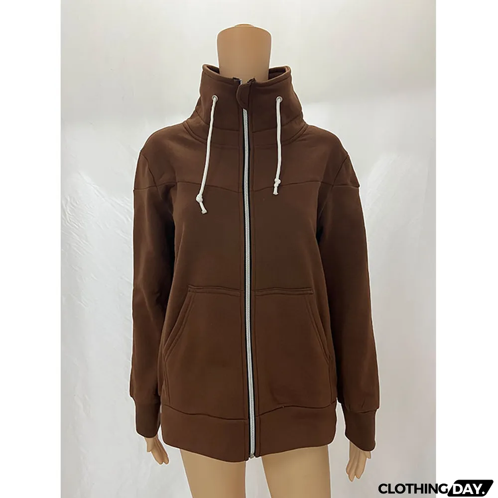 Fall Winter Women's Casual Long Sleeve Fleece Zip High Neck Sweatshirt