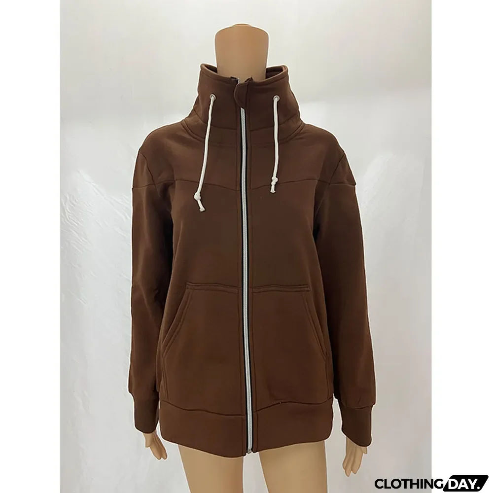 Fall Winter Women's Casual Long Sleeve Fleece Zip High Neck Sweatshirt