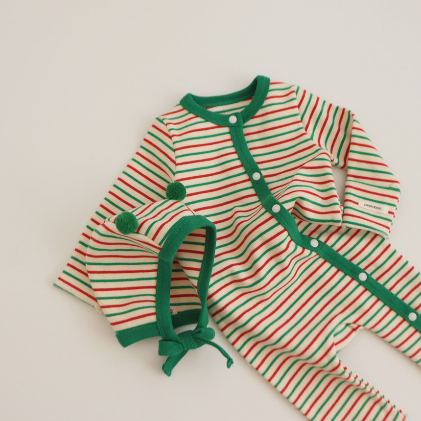 2pcs Baby Boy/Girl Christmas Stripe Long Sleeve Romper and Hat Set