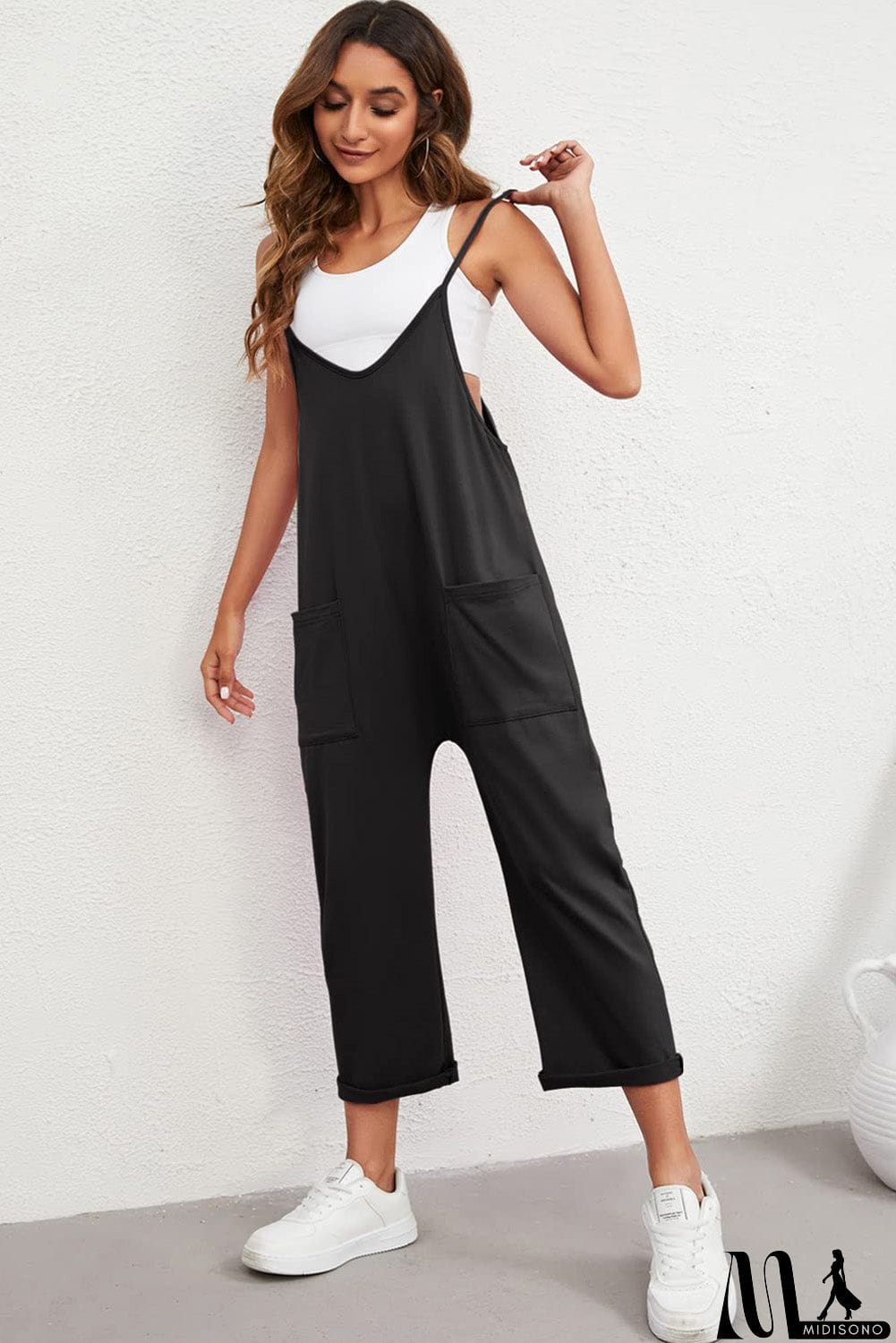 MidiSono - Pocketed Adjustable Spaghetti Strap Straight Leg Jumpsuit