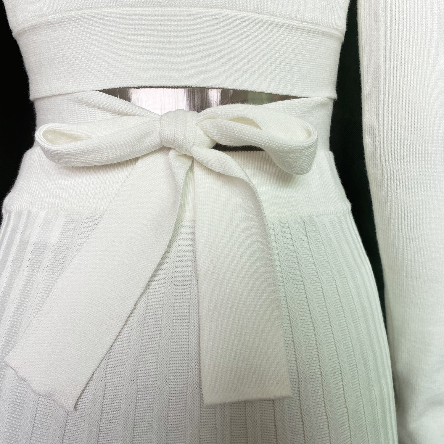 Ootddress New White Knit Two Piece Women Sets Fall Ribbed Crop Top And Pleated Knitted Skirt Suits For Women Midi Dress Sets 2025