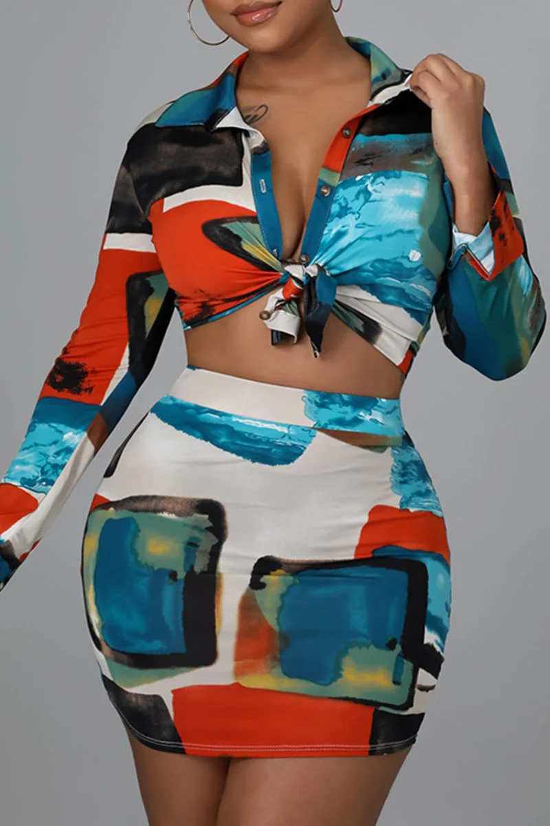 Multicolor Casual Print Patchwork Buckle Turndown Collar Long Sleeve Two Pieces | EGEMISS