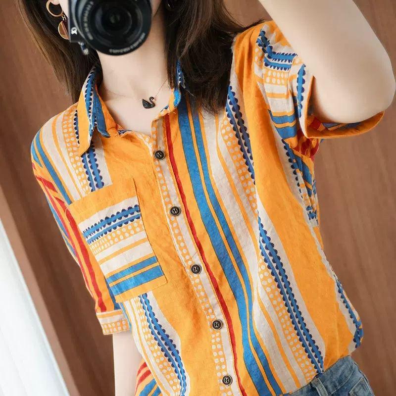 Short Sleeve Turn-down Collar Cotton Linen Striped Shirts Casual Loose Blouses