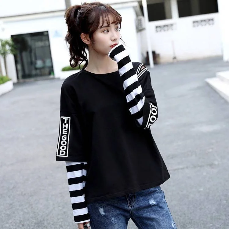 2021 Japan Hip Hop T-Shirts Female Funny Casual Long Sleeve Strip Harajuku TShirt Streetwear Women Fake Two Piece T shirt Girls