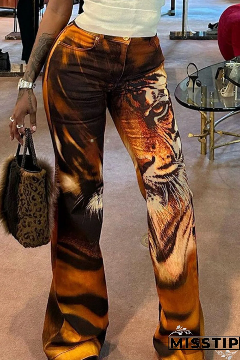 Brown Casual Print Basic Regular High Waist Conventional Full Print Trousers