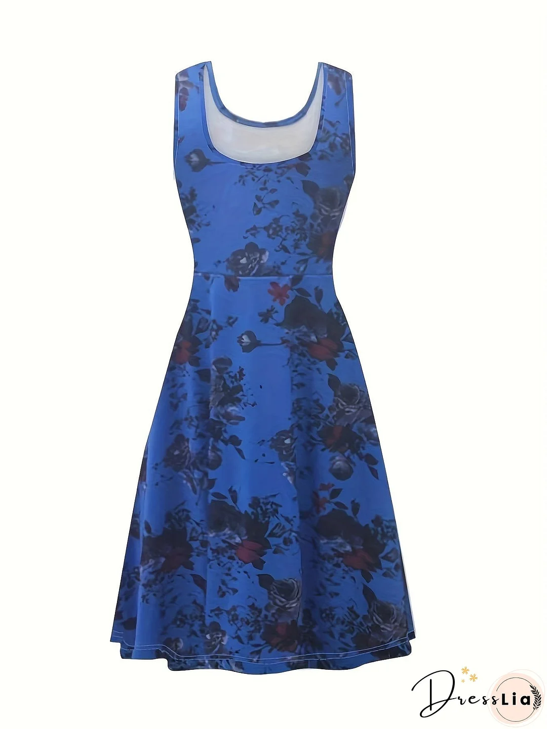 Plus Size Elegant Dress, Women's Plus Floral Print Round Neck Medium Stretch Tank Dress