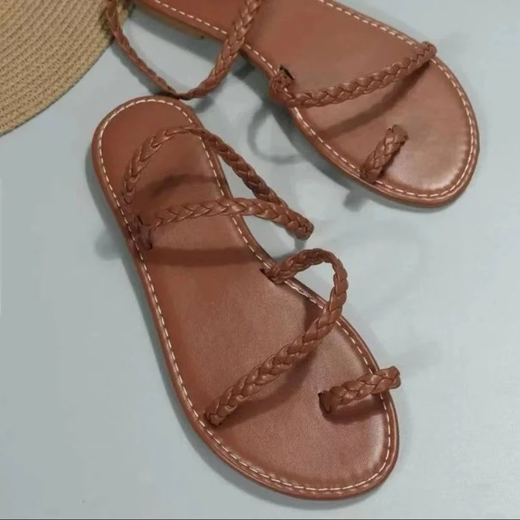 Yyvonne Women's Shoes 2025 Spring And Summer New Large-Size Braided Sleeve Flat Sandals Women Women Sheel