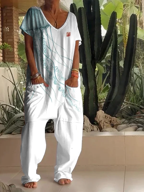 Casual Jellyfish Art Print V Neck Jumpsuit