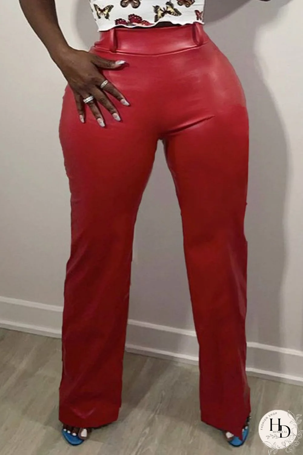 Red Solid Split Joint Straight High Waist Straight Solid Color Bottoms