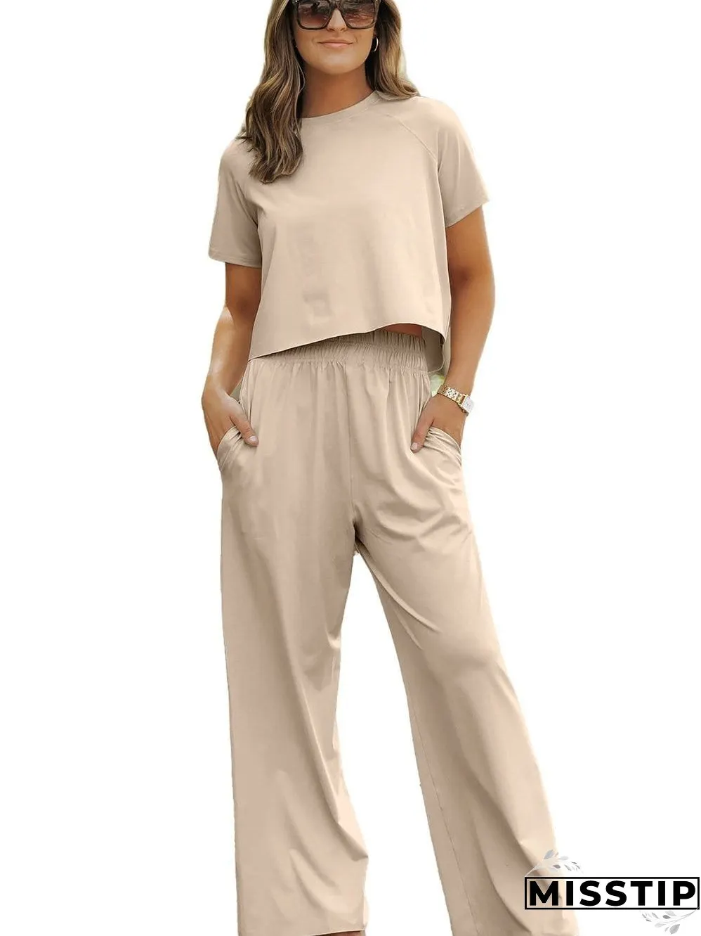 White Raw Edge Loose Tee and Wide Leg Pants Matching Set