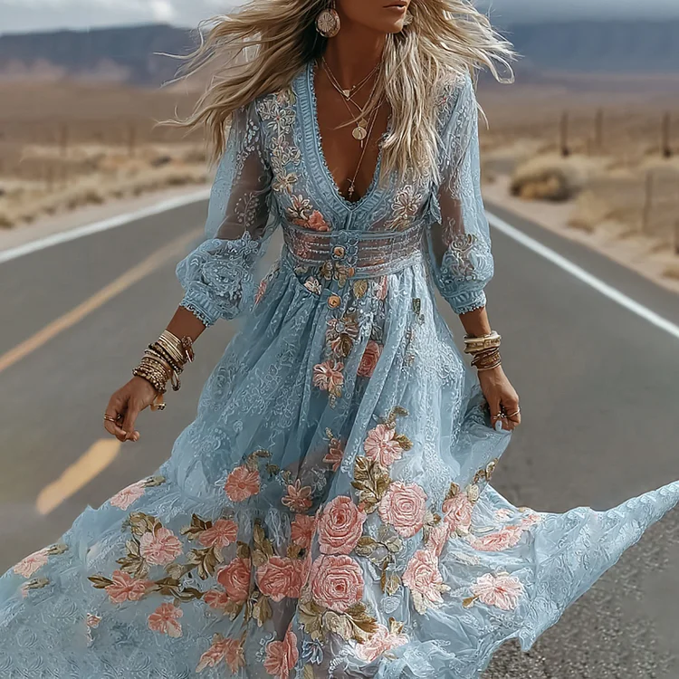 Women's Vintage Blue Floral Embroidery V Neck Casual Maxi Dress