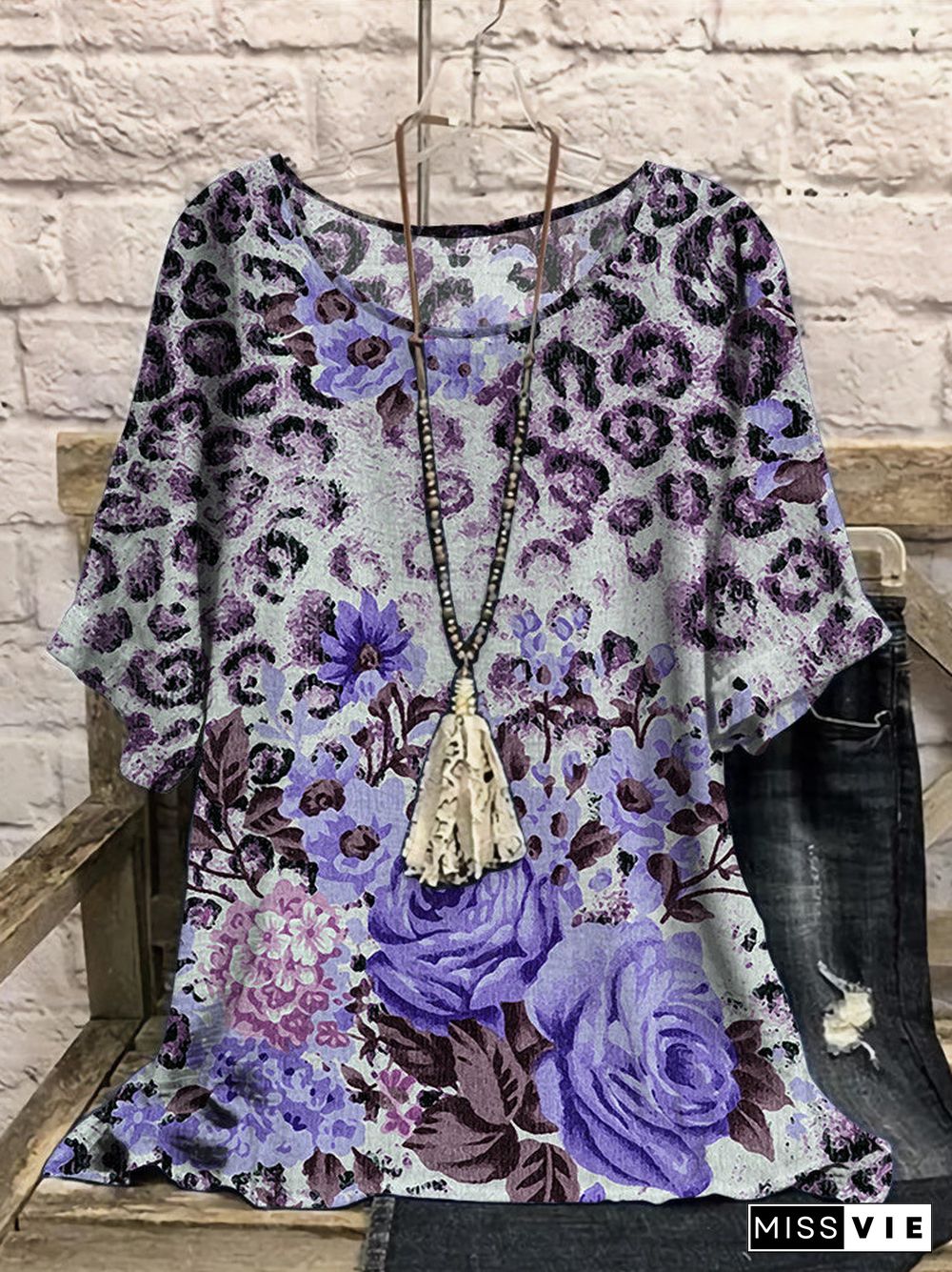 Women Half Sleeve Scoop Neck Floral Printed Colorblock Purple Women Tops