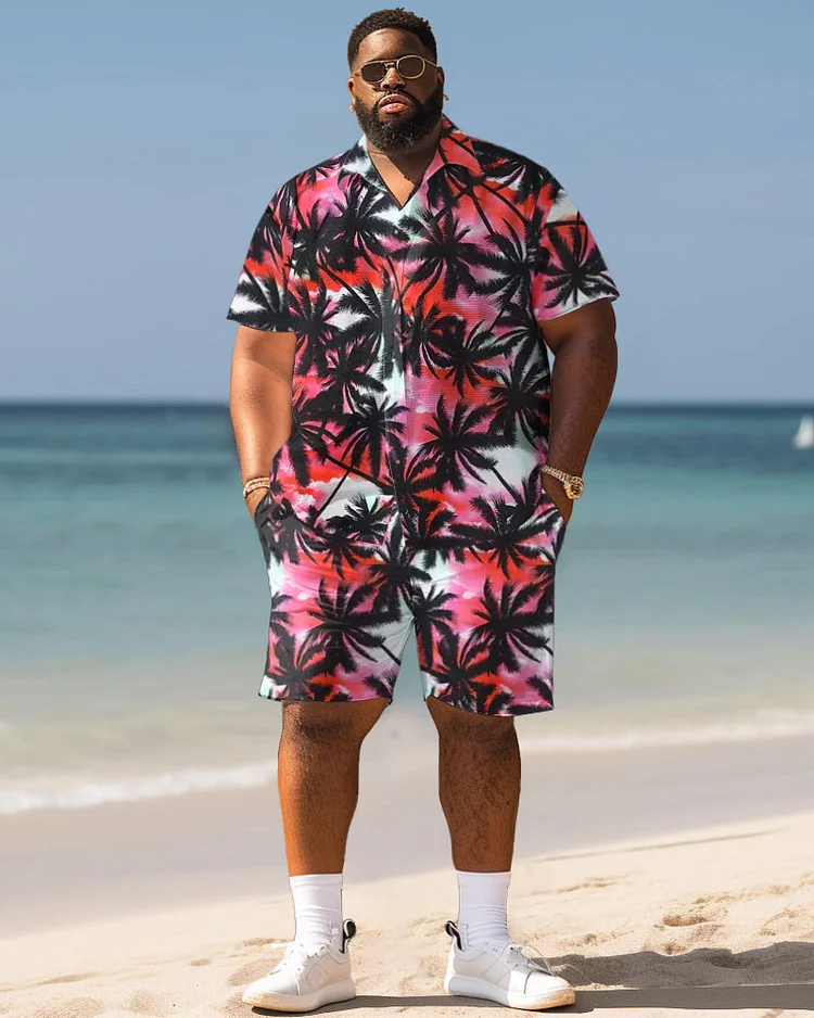 Men's Plus Size Hawaiian Coconut Tree Gradient Print Shirt Shorts Suit