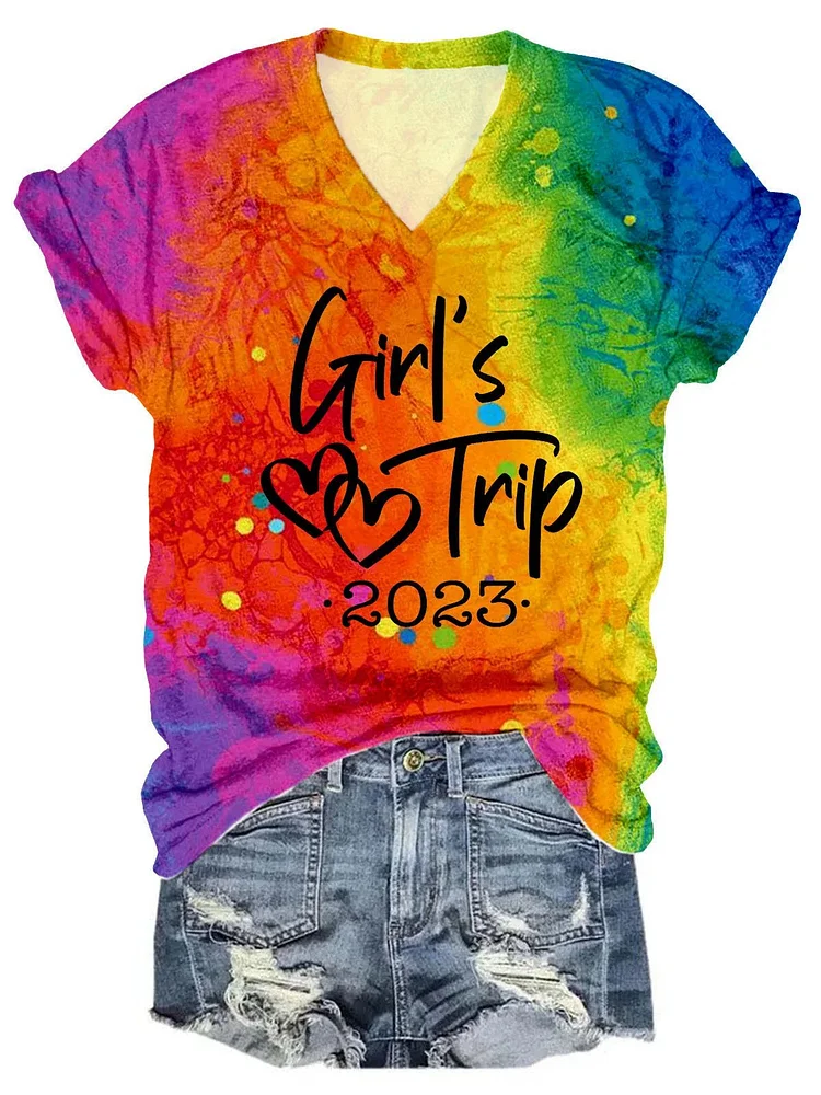 🔥Buy 3 Get 10% Off🔥Women's Girls Trip 2023 Cheaper Than Therapy Tie Dye Print V-Neck T-Shirt
