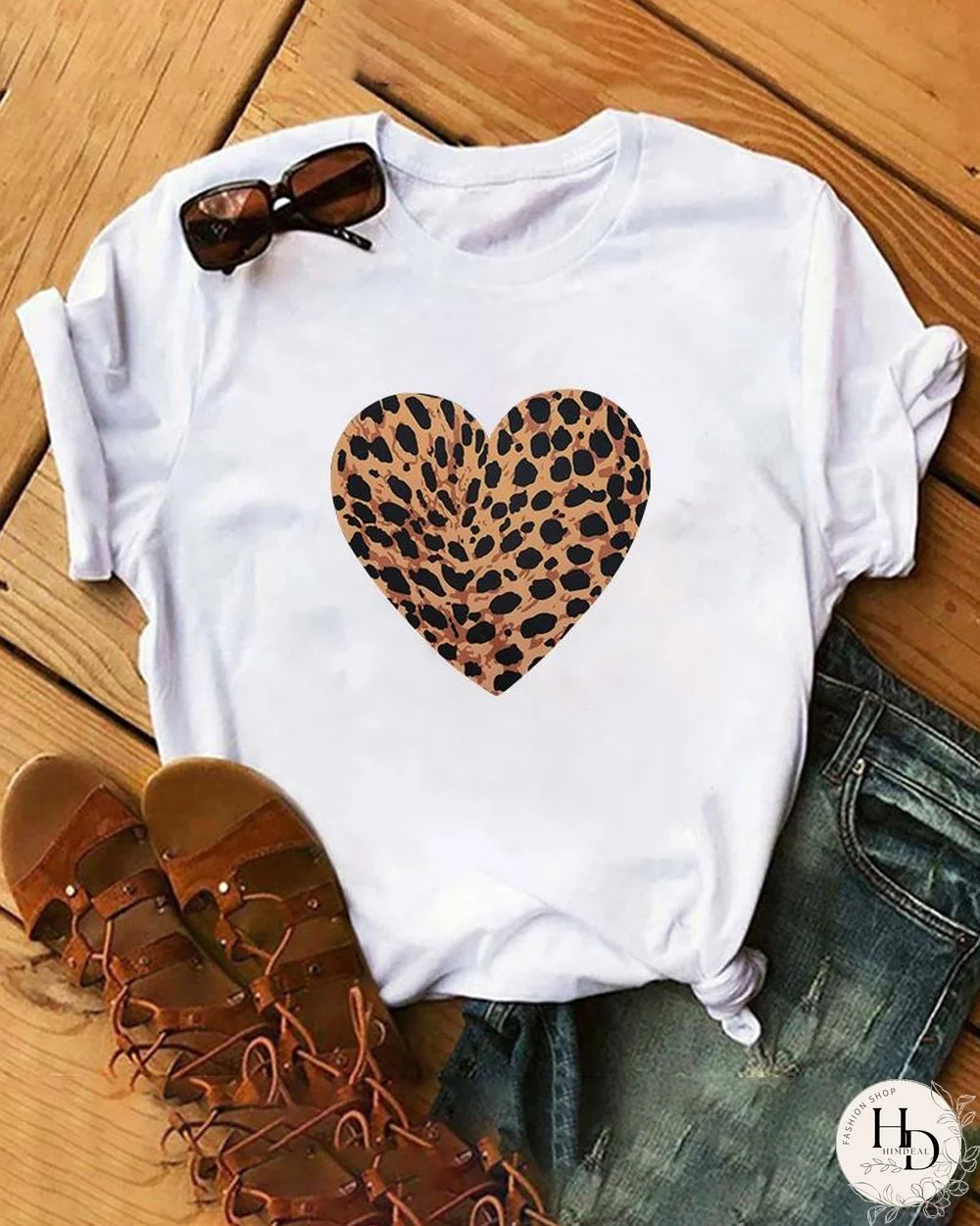 Heart Leopard Print Short Sleeve Casual T-shirt