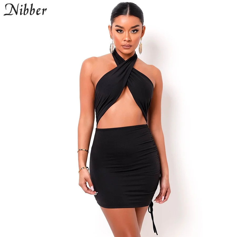 NIBBER Halter Solid Pleated Mini Dress Women Summer Hot Sexy Party Clubwear Drawstring Little Cleavage Bodycon Backless Skirt