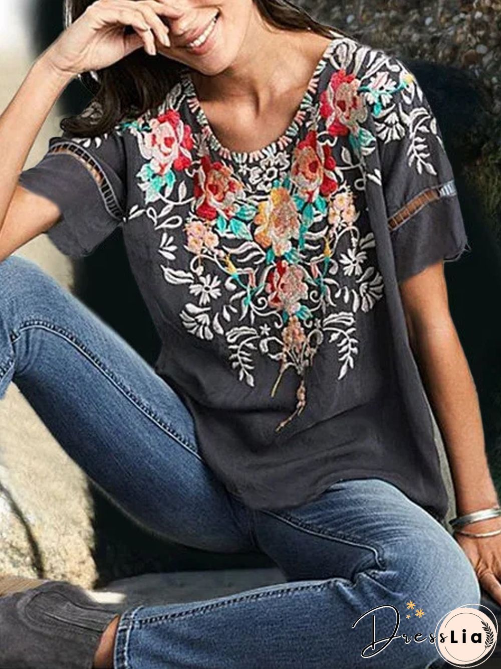 Round Neck Floral Casual Short Sleeve Summer T-shirt