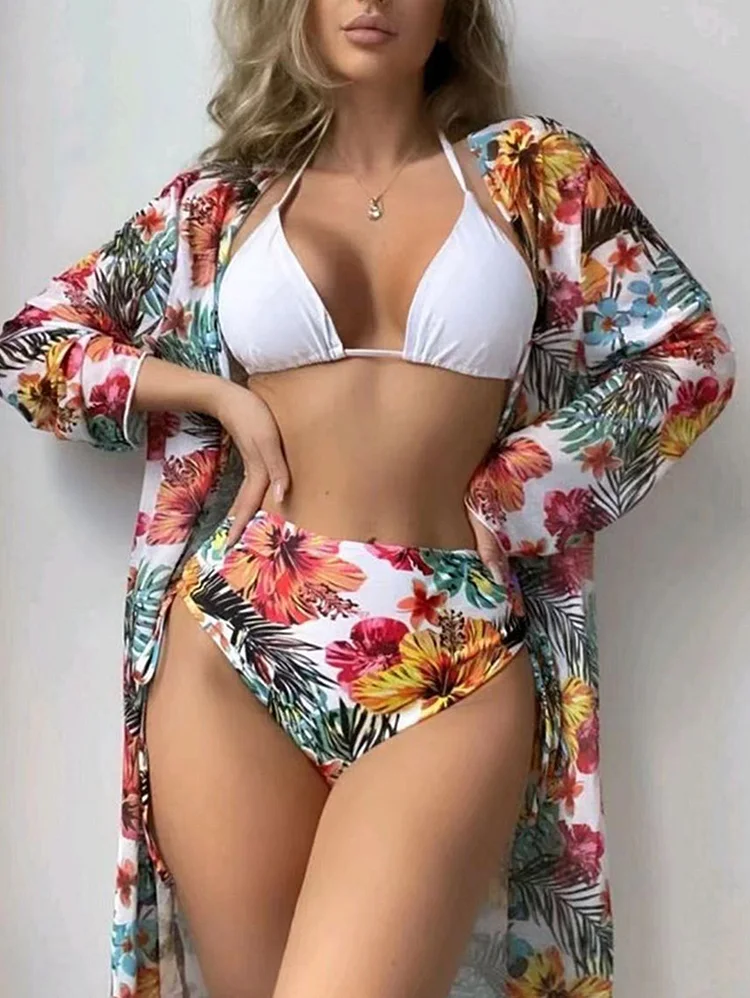 Vacation Sexy Floral Print Halter Backless Bikini & Cover Up 3Pcs Set