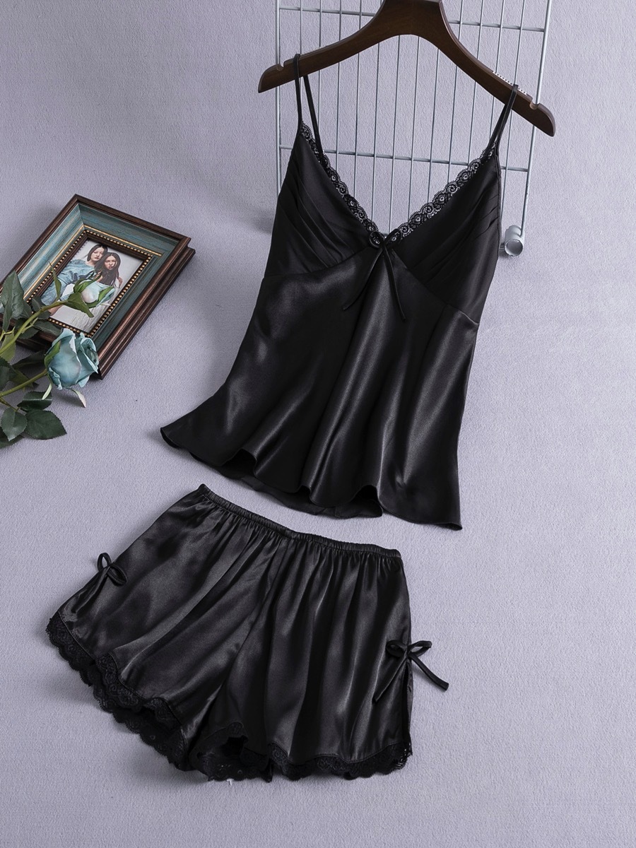 Xinyulin Lady Sexy Lingerie Backless Pyjamas Home Clothes Ice Silk Pajamas Set 2Pcs Cami Shorts Suit Attractive Sleepwear Loungewear