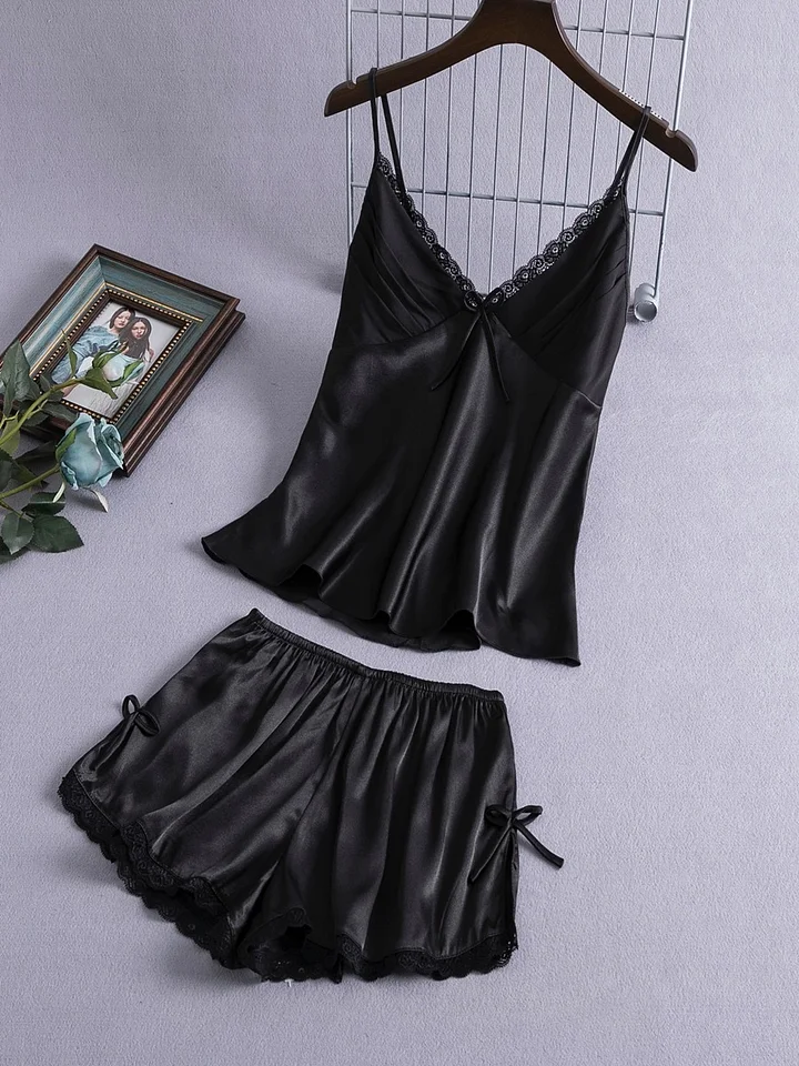 Xinyulin Lady Sexy Lingerie Backless Pyjamas Home Clothes Ice Silk Pajamas Set 2Pcs Cami Shorts Suit Attractive Sleepwear Loungewear